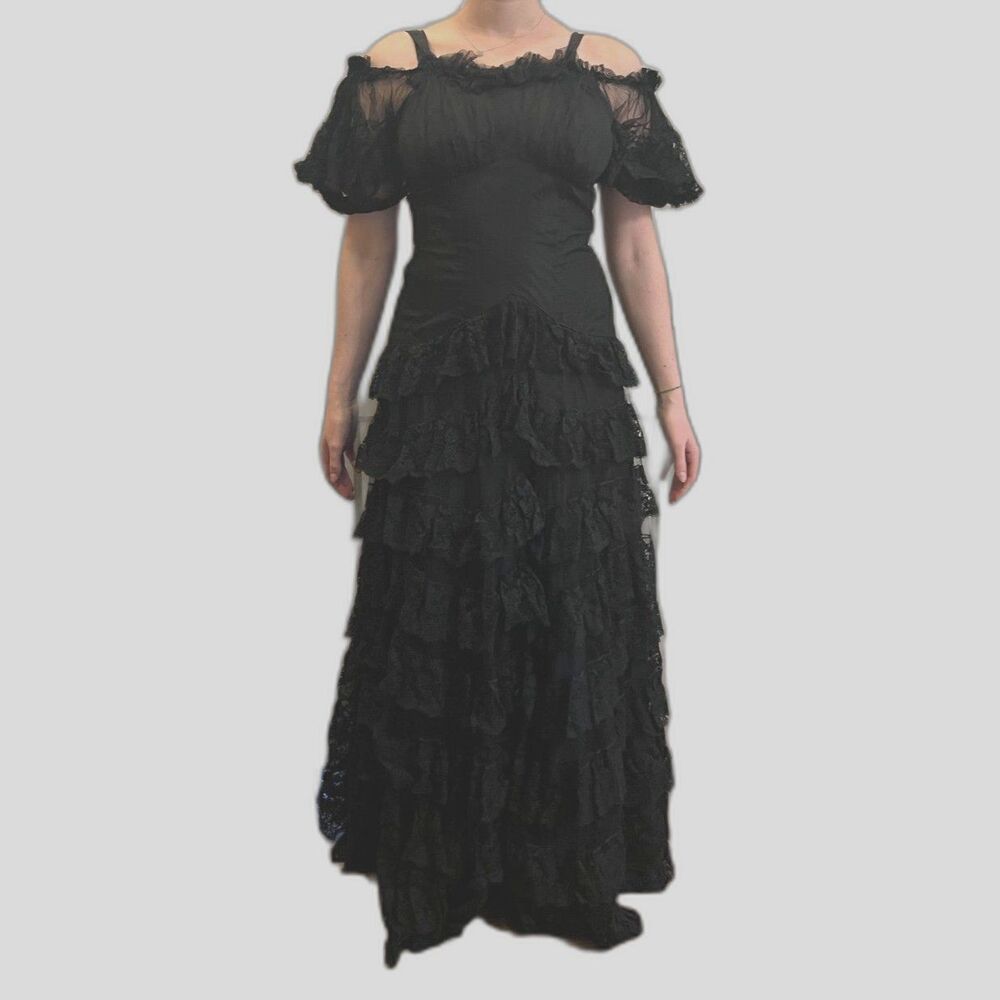 Vintage Bullocks Wilshire Black Ruffle Gothic Whimsy Maxi Dress Women's Sz Small
